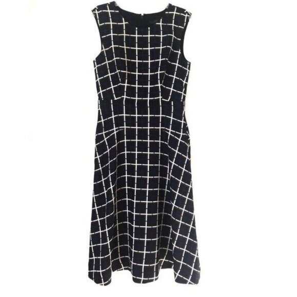 J Crew Silk Dress 10 Black Sleeveless A-Line Flare Knee Length Windowpane - Picture 3 of 11